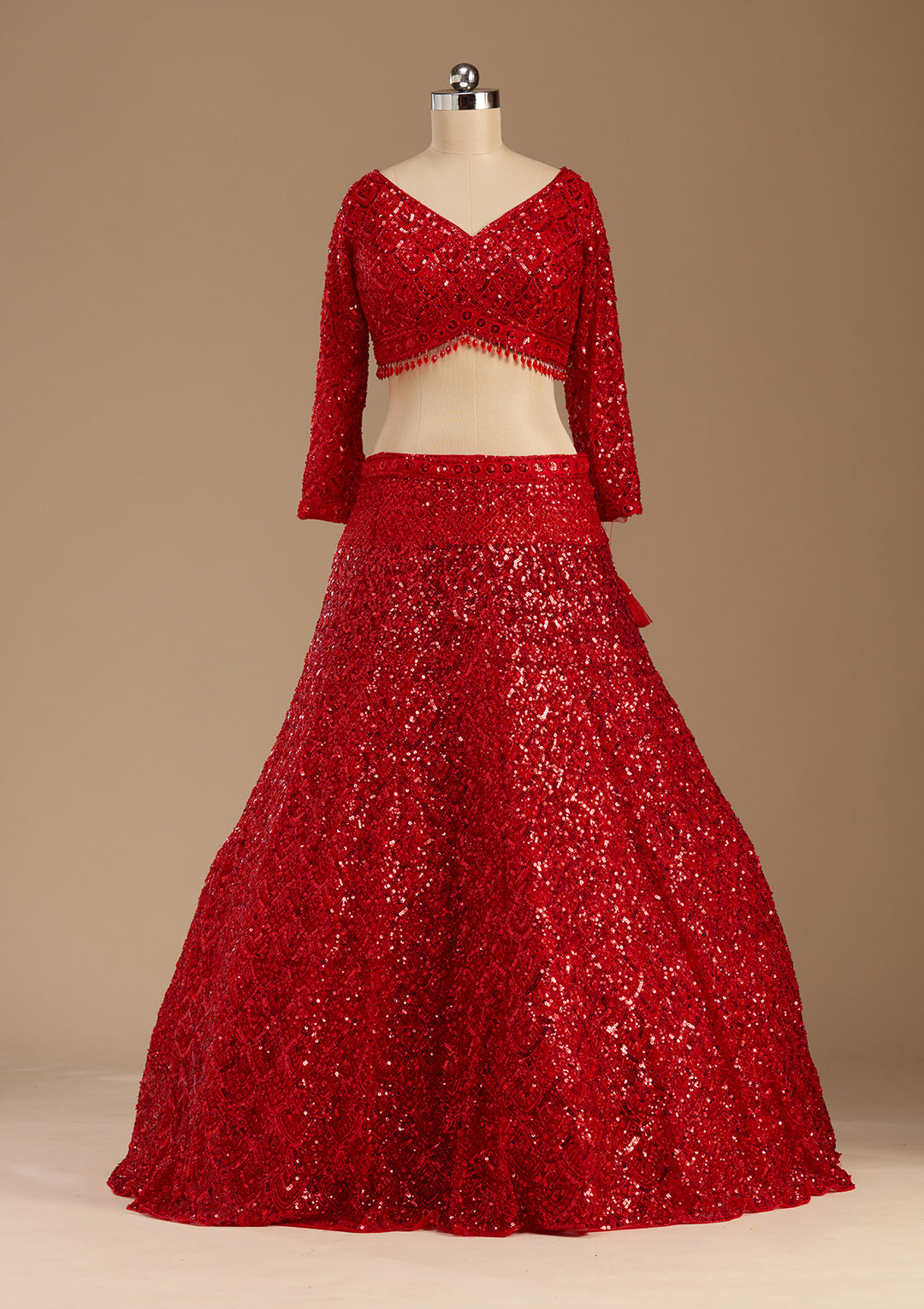 Red Sequins Net Readymade Lehenga