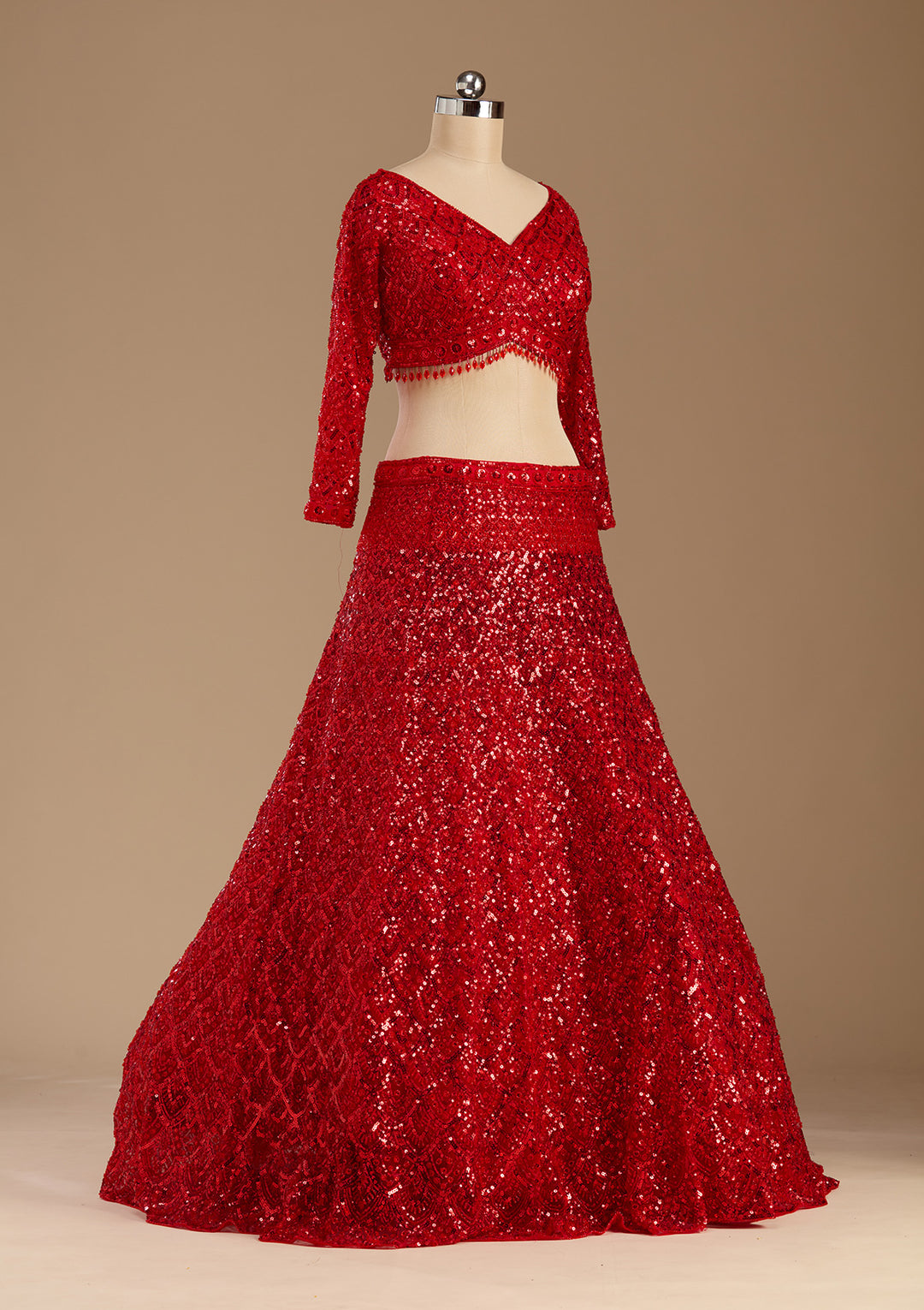 Red Sequins Net Readymade Lehenga