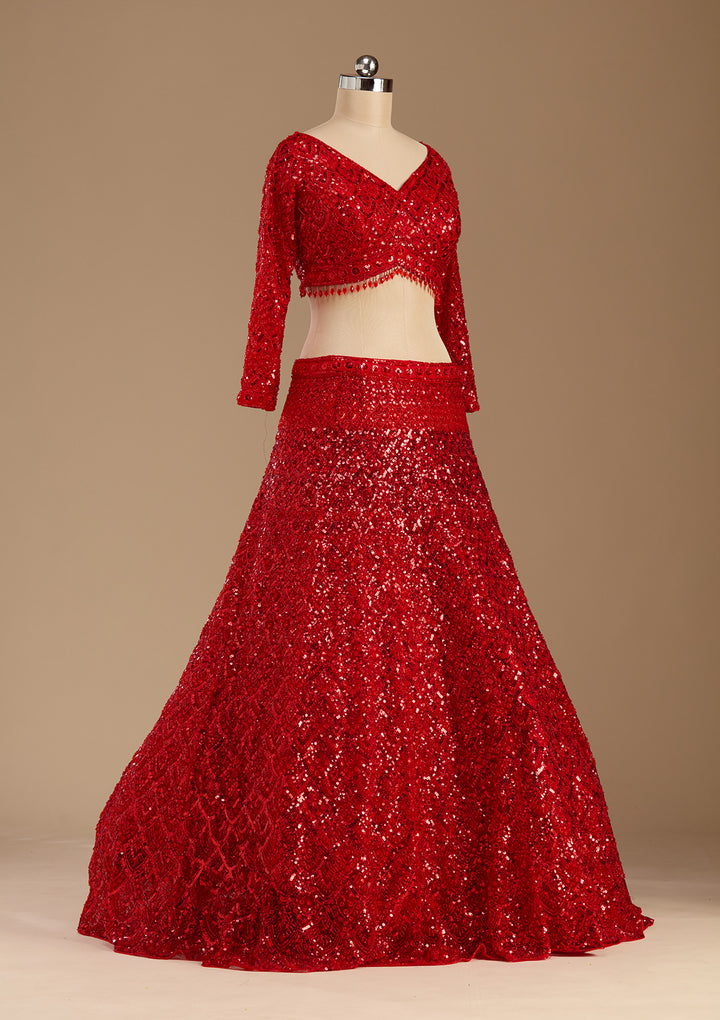 Red Sequins Net Readymade Lehenga