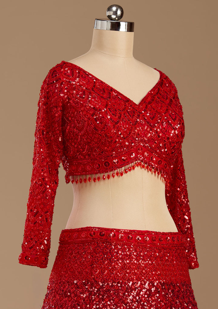 Red Sequins Net Readymade Lehenga