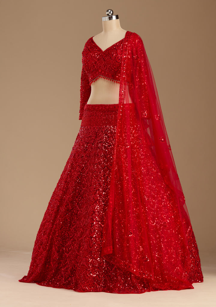 Red Sequins Net Readymade Lehenga
