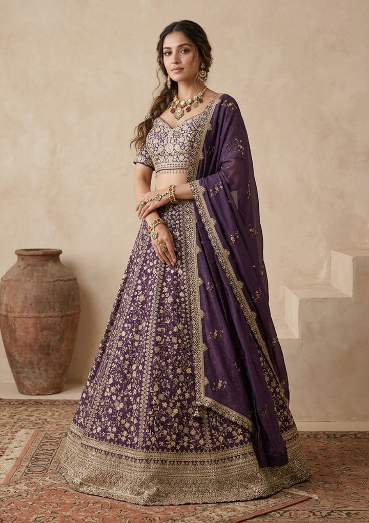 Purple Zariwork (Gold) Georgette Readymade Lehenga