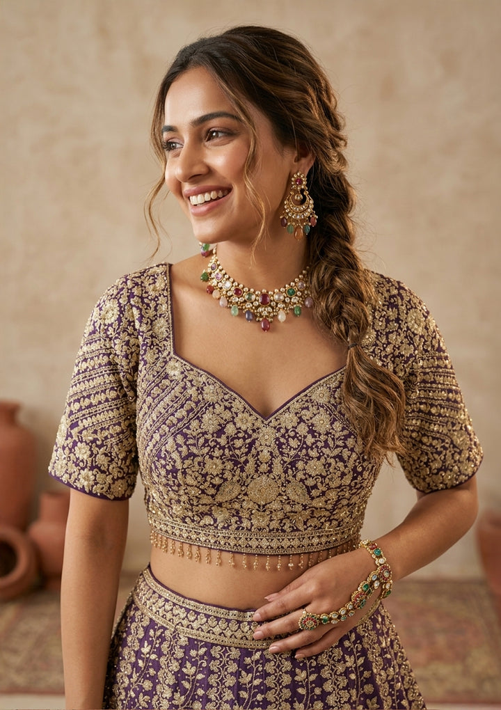 Purple Zariwork (Gold) Georgette Readymade Lehenga
