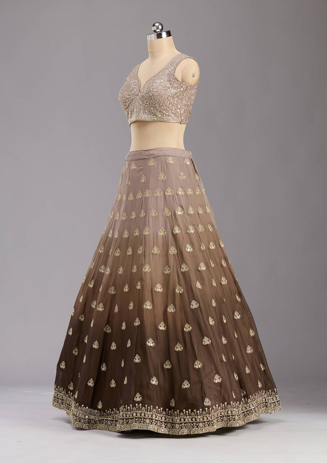 Brown Zardozi (Gold) Georgette Readymade Lehenga