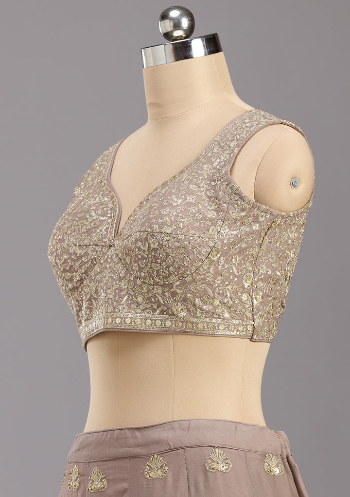 Brown Zardozi (Gold) Georgette Readymade Lehenga