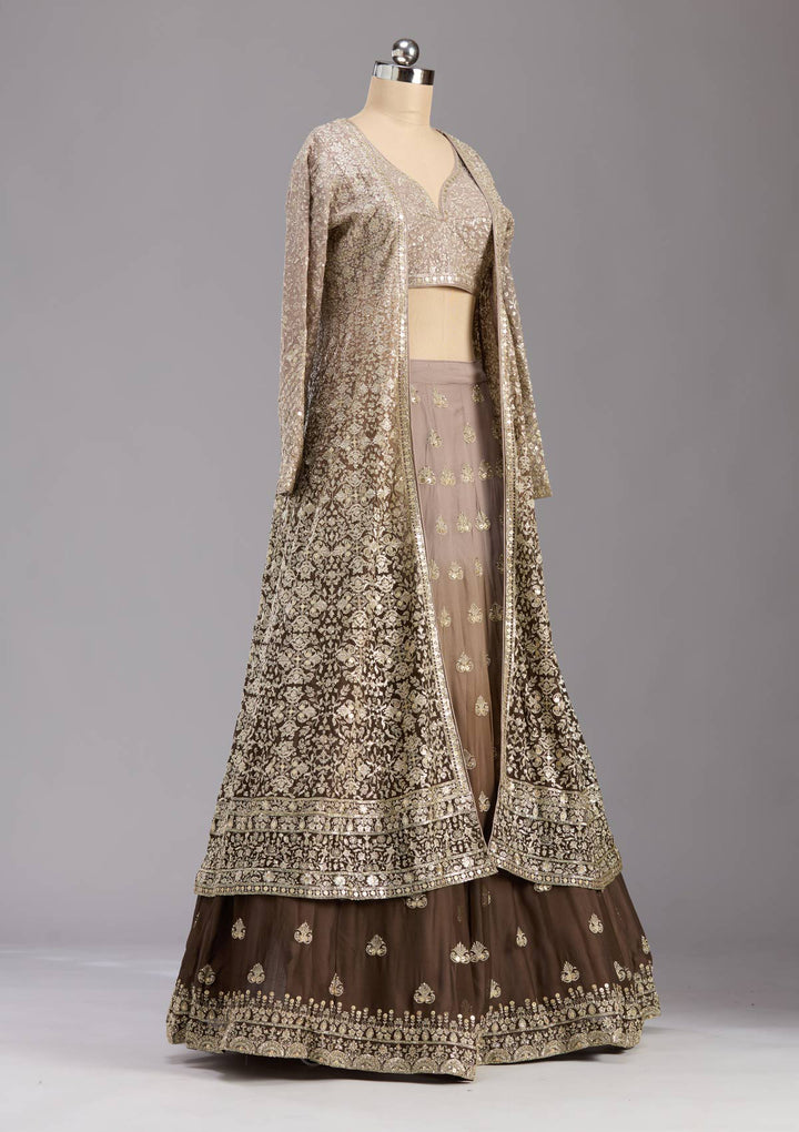 Brown Zardozi (Gold) Georgette Readymade Lehenga
