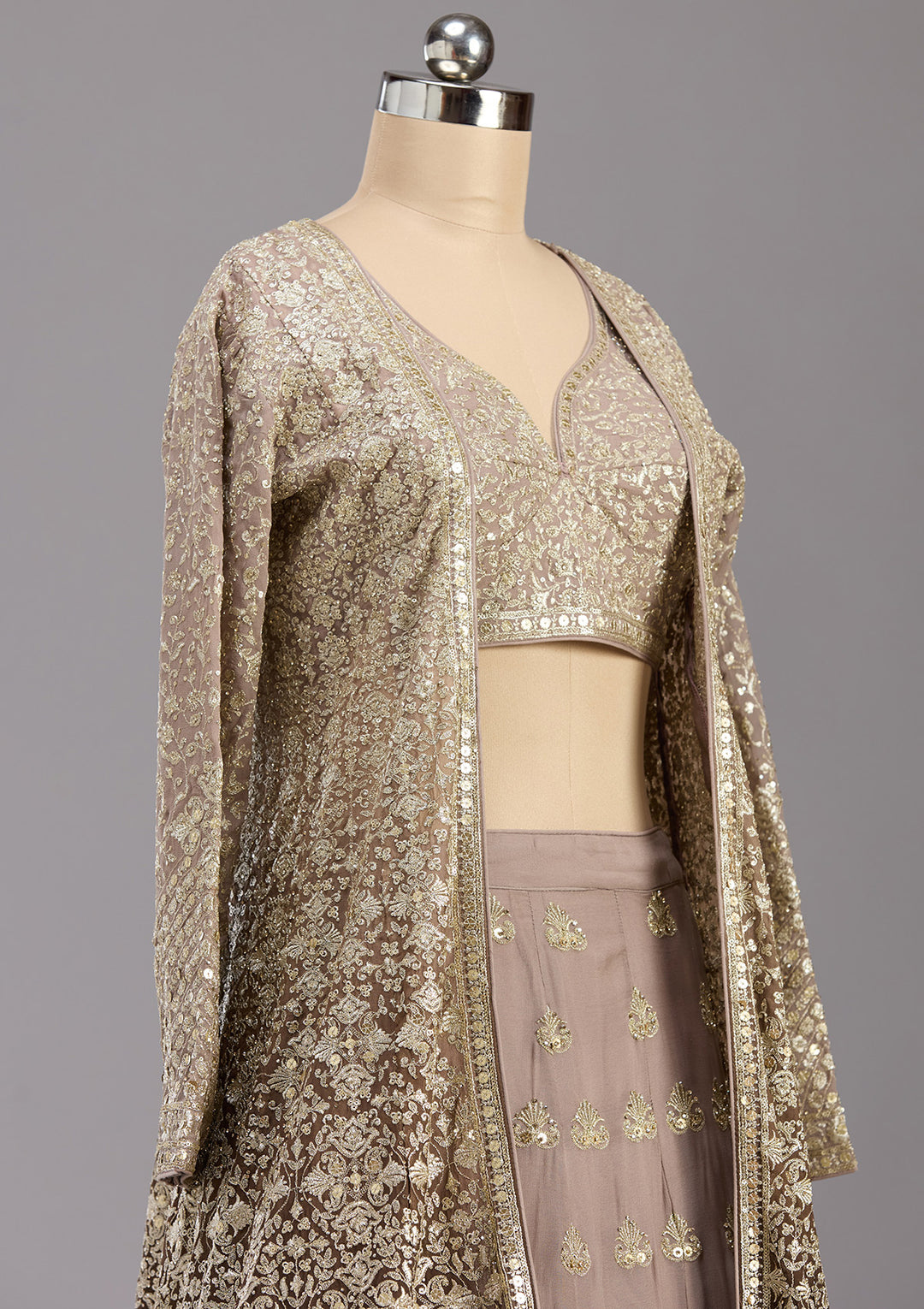 Brown Zardozi (Gold) Georgette Readymade Lehenga
