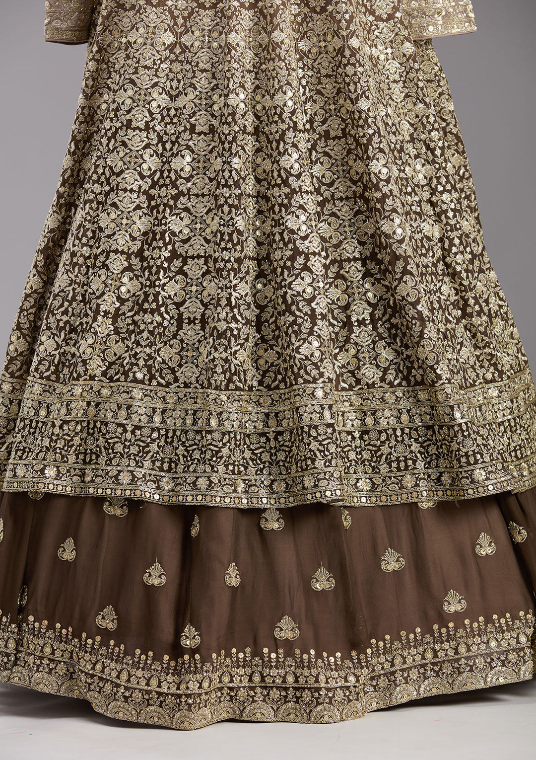 Brown Zardozi (Gold) Georgette Readymade Lehenga