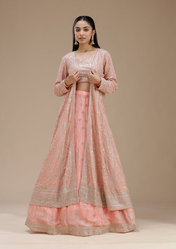 Light Peach Zariwork (Gold) Semi Crepe Readymade Lehenga