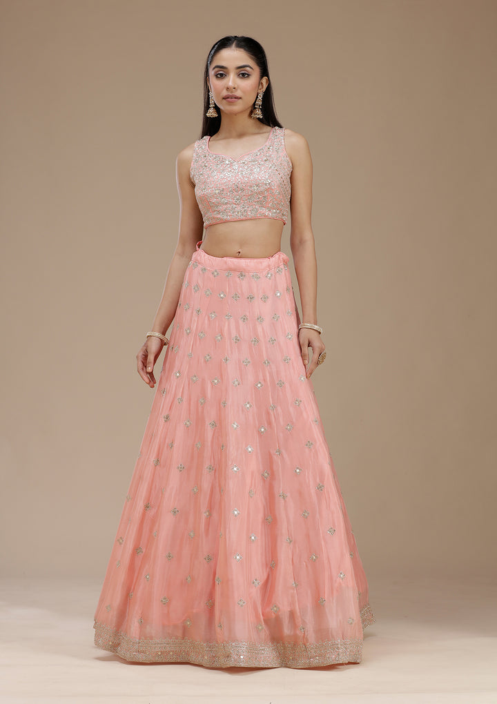Light Peach Zariwork (Gold) Semi Crepe Readymade Lehenga