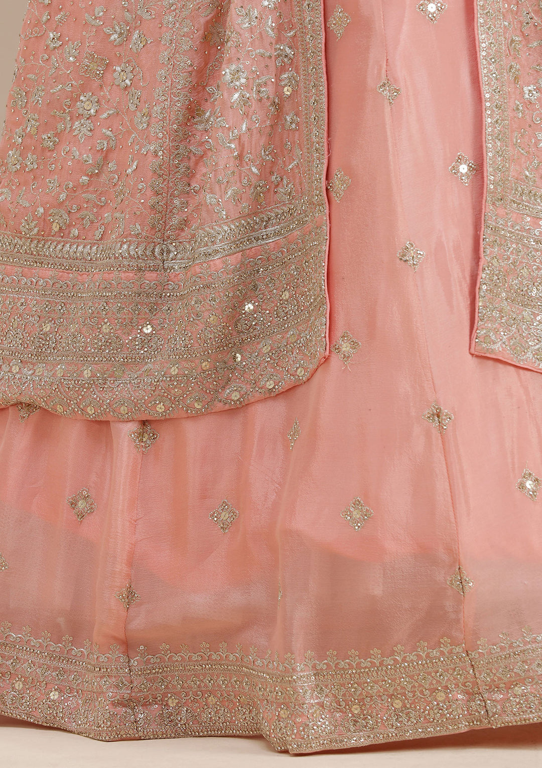 Light Peach Zariwork (Gold) Semi Crepe Readymade Lehenga