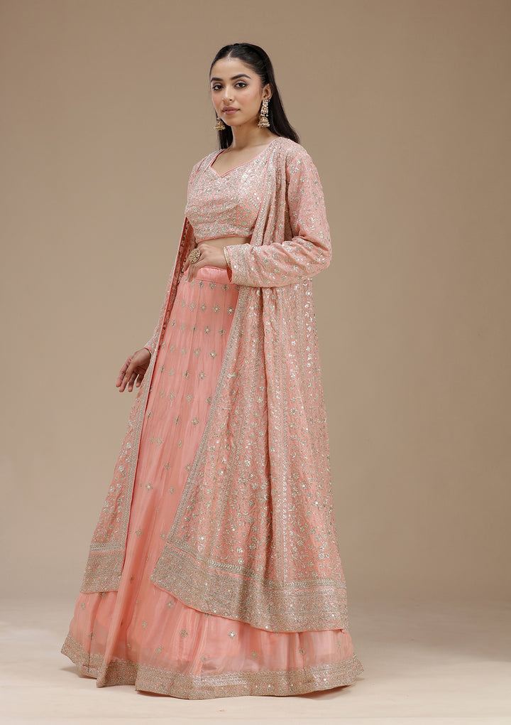 Light Peach Zariwork (Gold) Semi Crepe Readymade Lehenga
