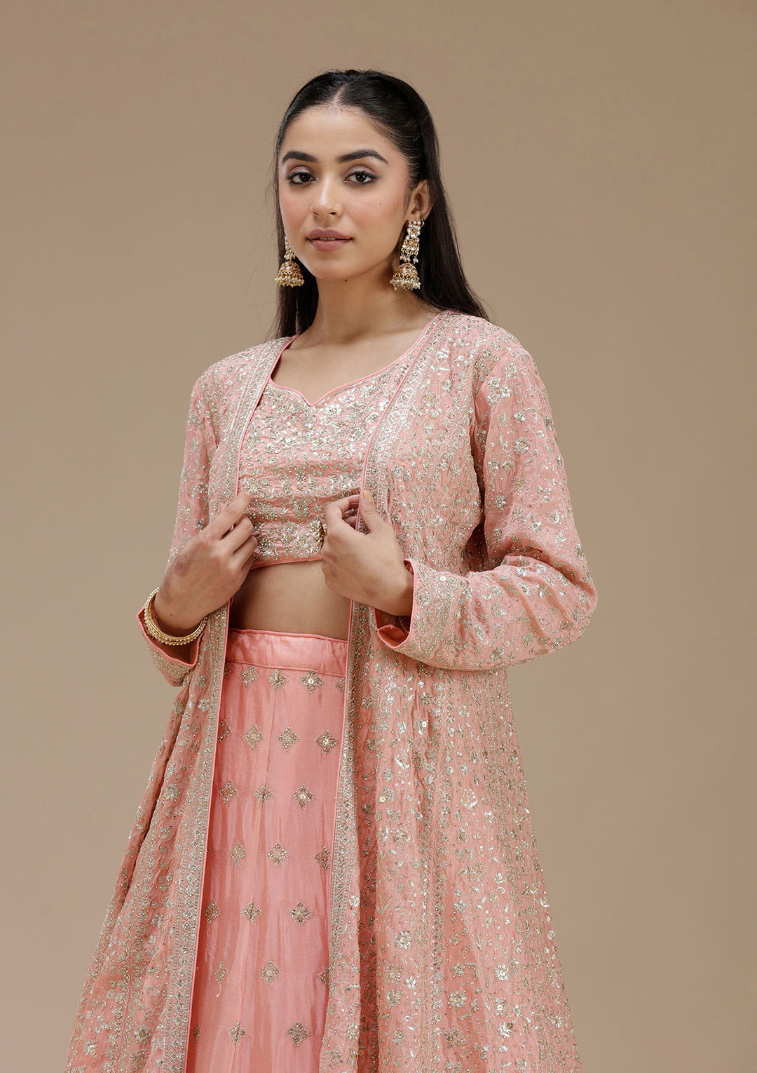 Light Peach Zariwork (Gold) Semi Crepe Readymade Lehenga