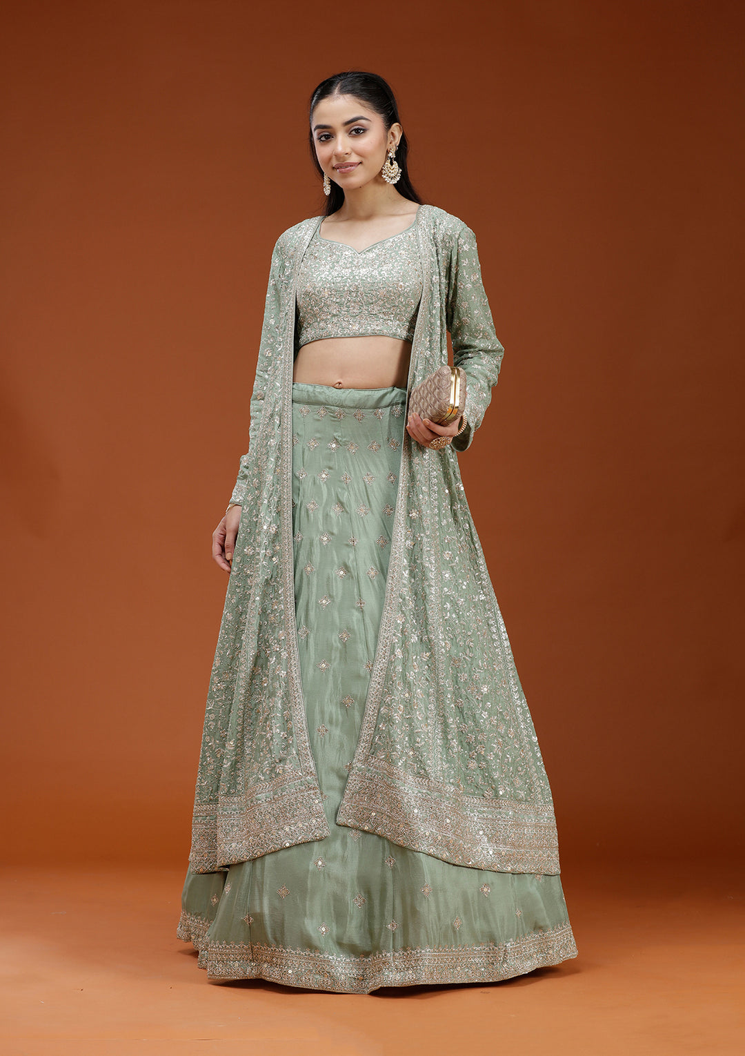 Pista Green Zariwork (Gold) Semi Crepe Readymade Lehenga