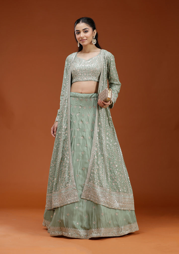 Pista Green Zariwork (Gold) Semi Crepe Readymade Lehenga