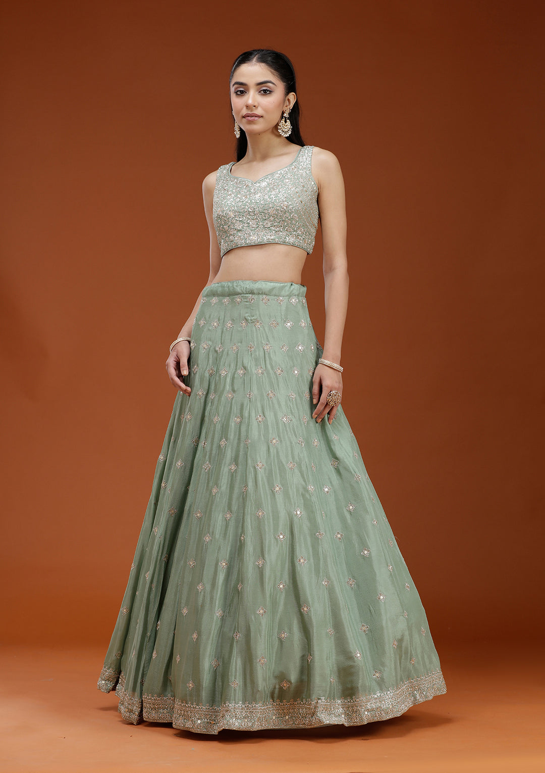 Pista Green Zariwork (Gold) Semi Crepe Readymade Lehenga