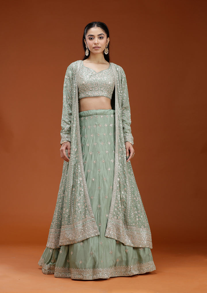 Pista Green Zariwork (Gold) Semi Crepe Readymade Lehenga