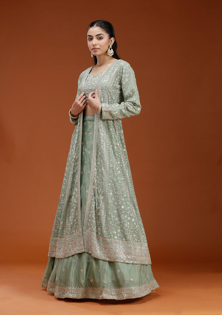 Pista Green Zariwork (Gold) Semi Crepe Readymade Lehenga