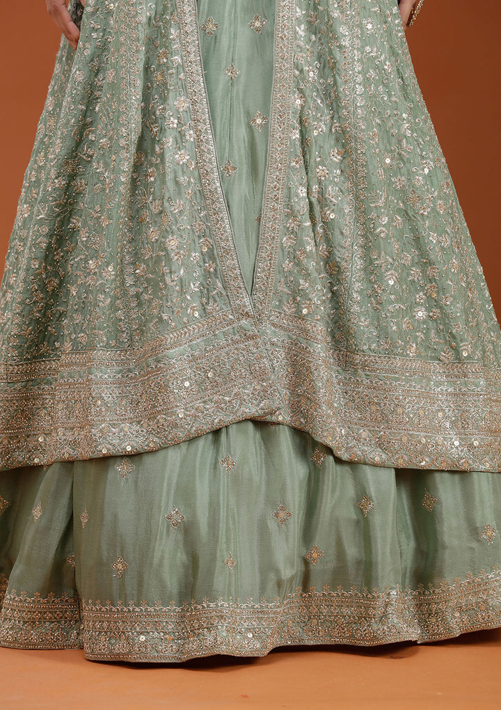 Pista Green Zariwork (Gold) Semi Crepe Readymade Lehenga