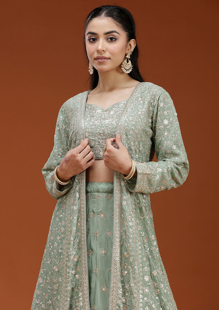 Pista Green Zariwork (Gold) Semi Crepe Readymade Lehenga