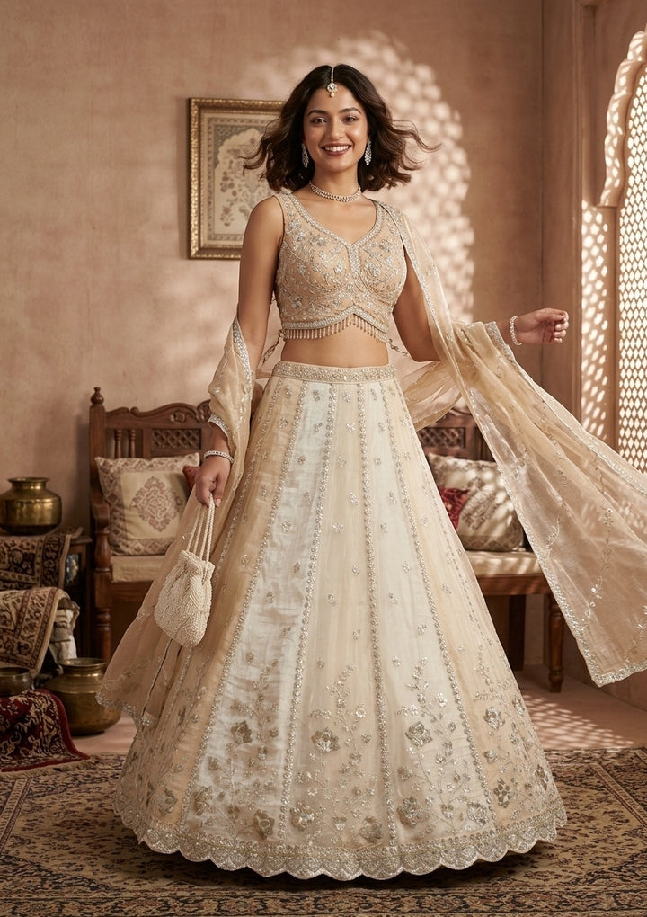 Off White Zariwork Organza Semi-Stitched Lehenga