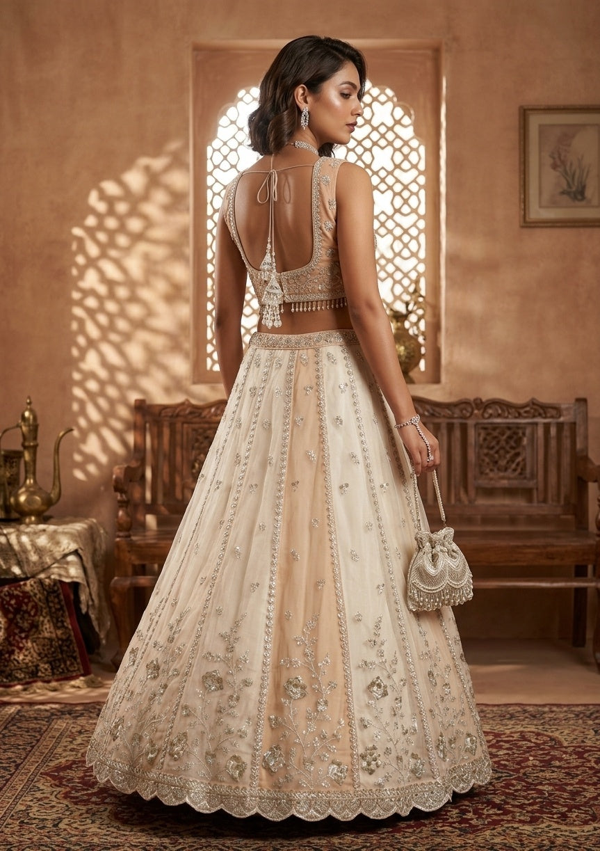 Off White Zariwork Organza Semi-Stitched Lehenga