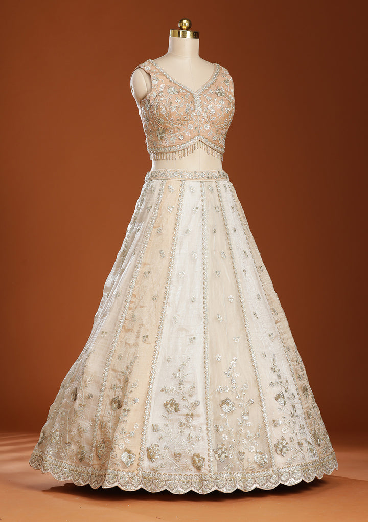Off White Zariwork Organza Semi-Stitched Lehenga