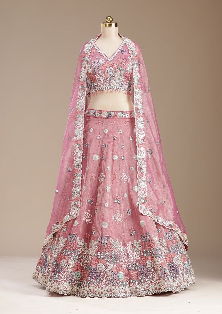 Pink Threadwork Organza Readymade Lehenga