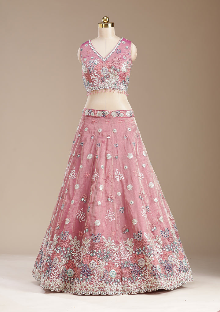 Pink Threadwork Organza Readymade Lehenga
