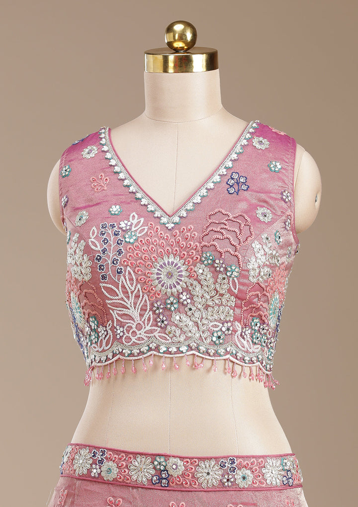 Pink Threadwork Organza Readymade Lehenga