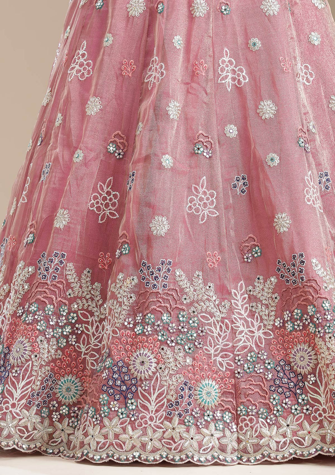Pink Threadwork Organza Readymade Lehenga
