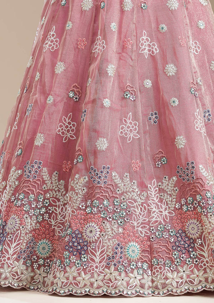 Pink Threadwork Organza Readymade Lehenga