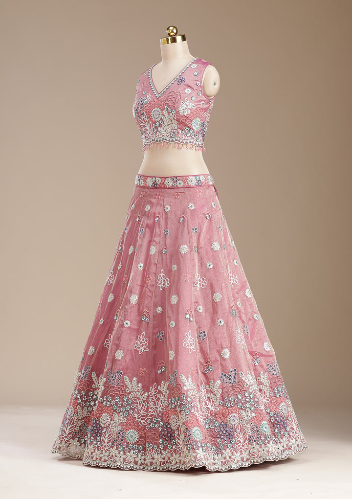Pink Threadwork Organza Readymade Lehenga