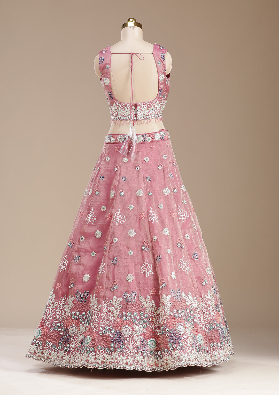 Pink Threadwork Organza Readymade Lehenga