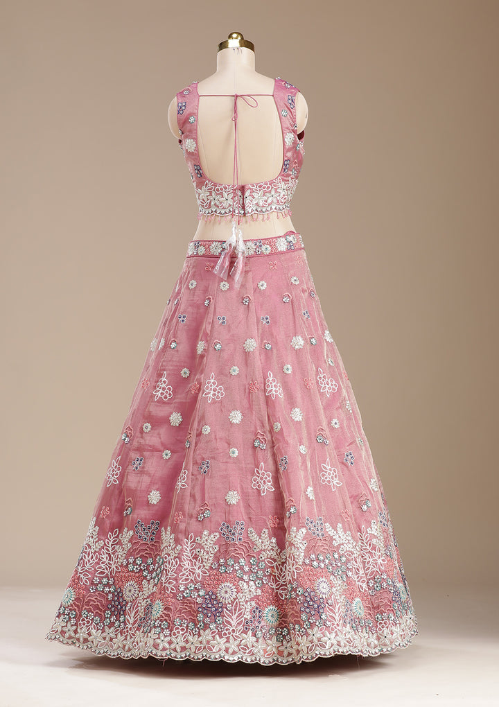 Pink Threadwork Organza Readymade Lehenga
