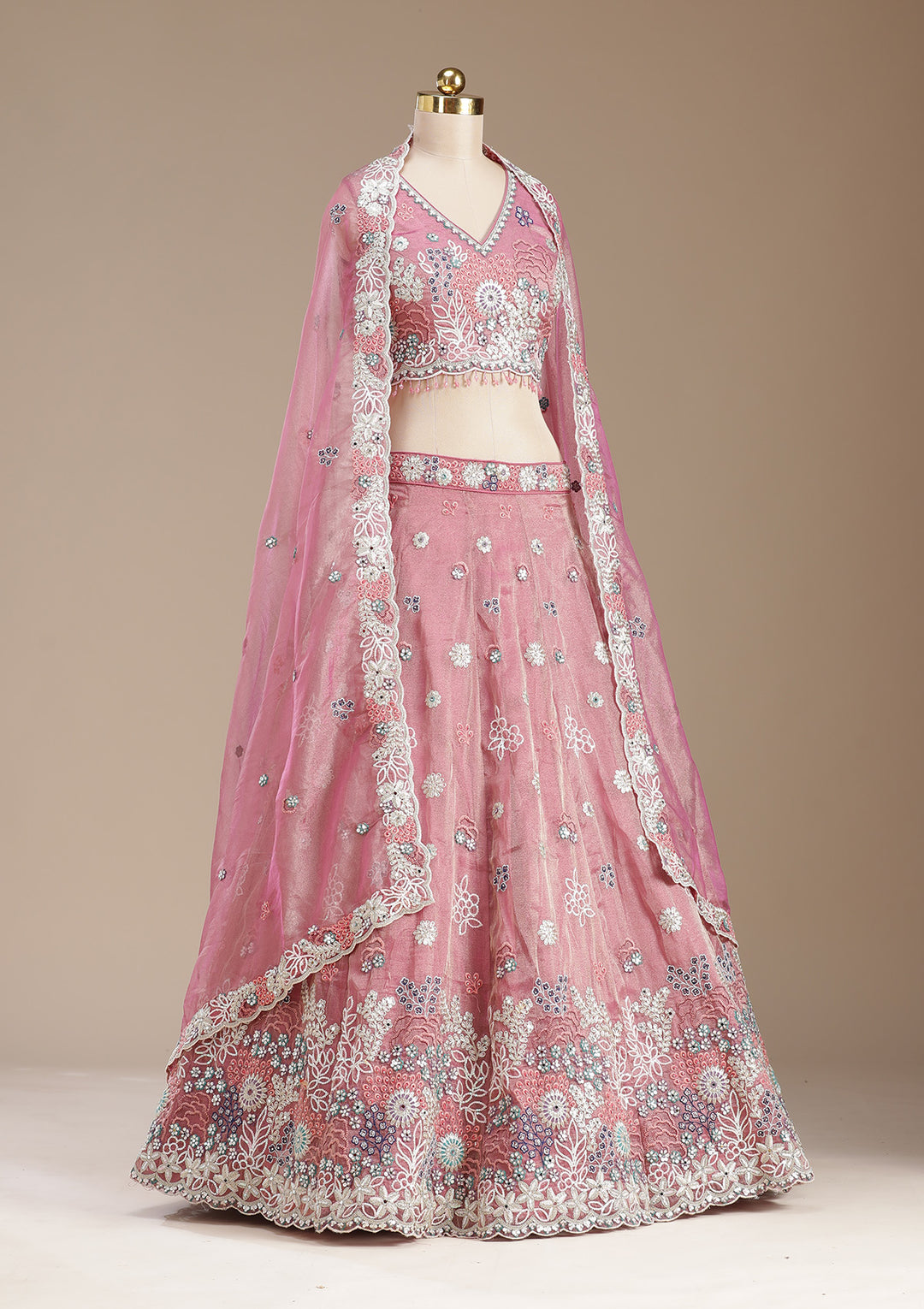 Pink Threadwork Organza Readymade Lehenga