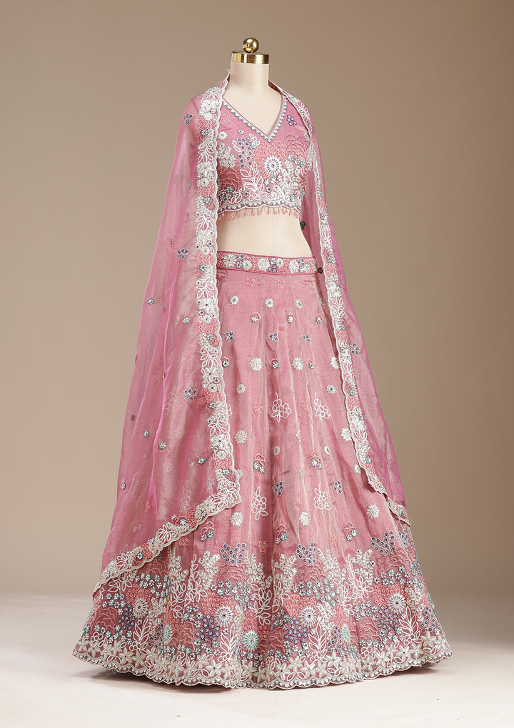 Pink Threadwork Organza Readymade Lehenga