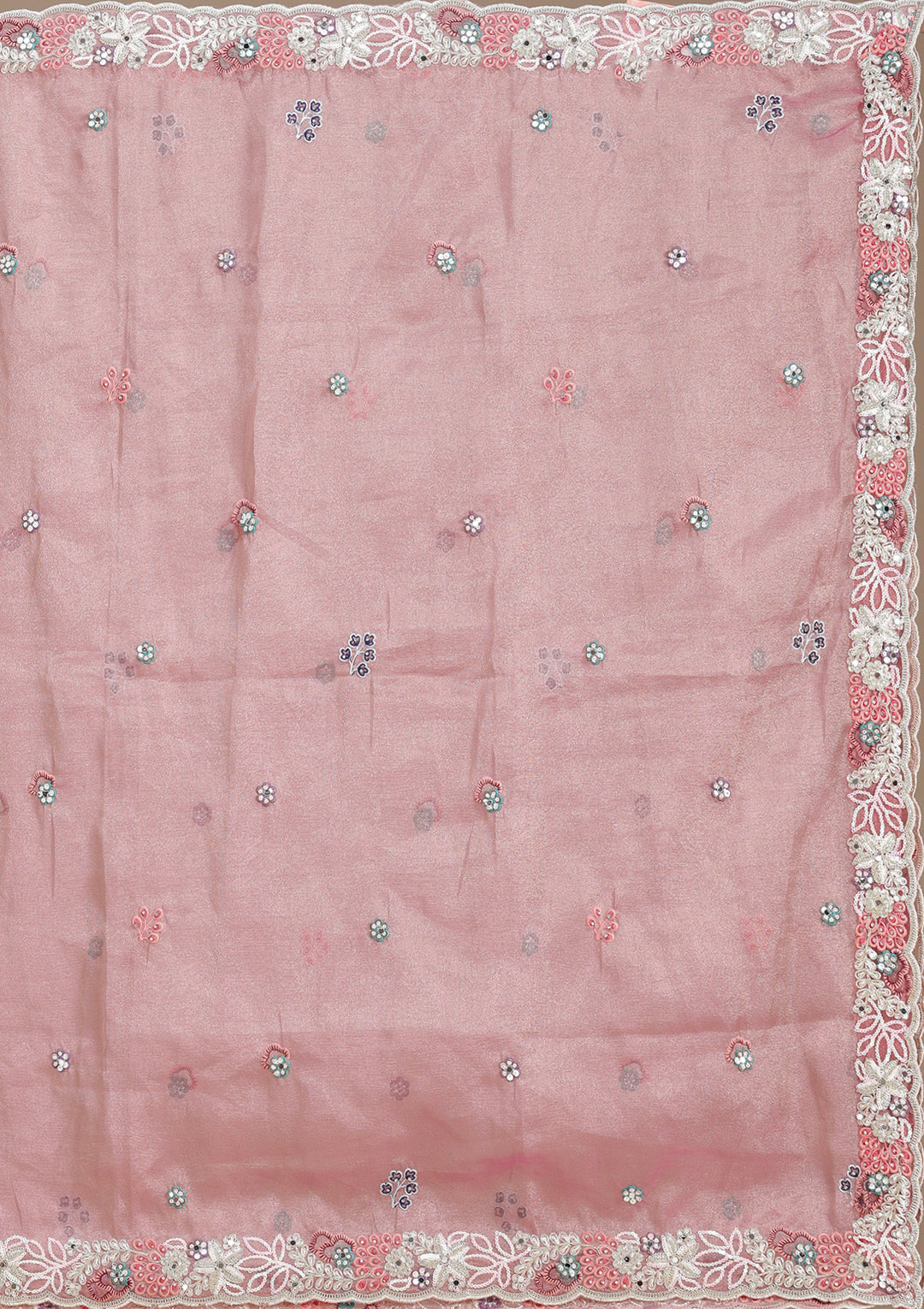 Pink Threadwork Organza Readymade Lehenga