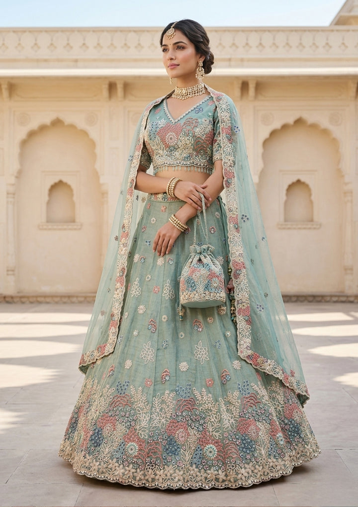 Pista Green Threadwork Organza Readymade Lehenga