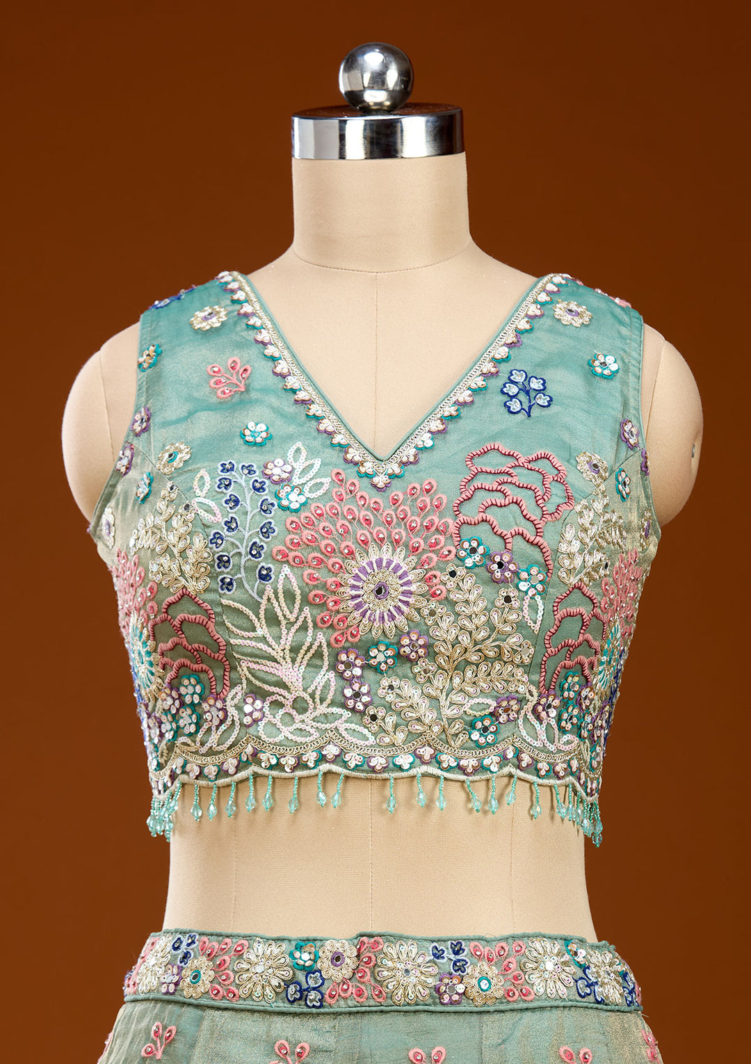 Pista Green Threadwork Organza Readymade Lehenga