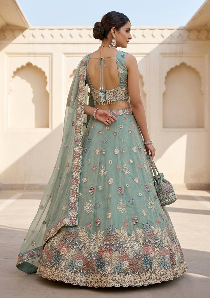 Pista Green Threadwork Organza Readymade Lehenga