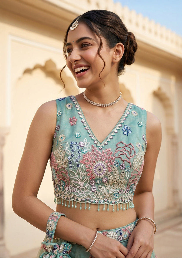 Pista Green Threadwork Organza Readymade Lehenga