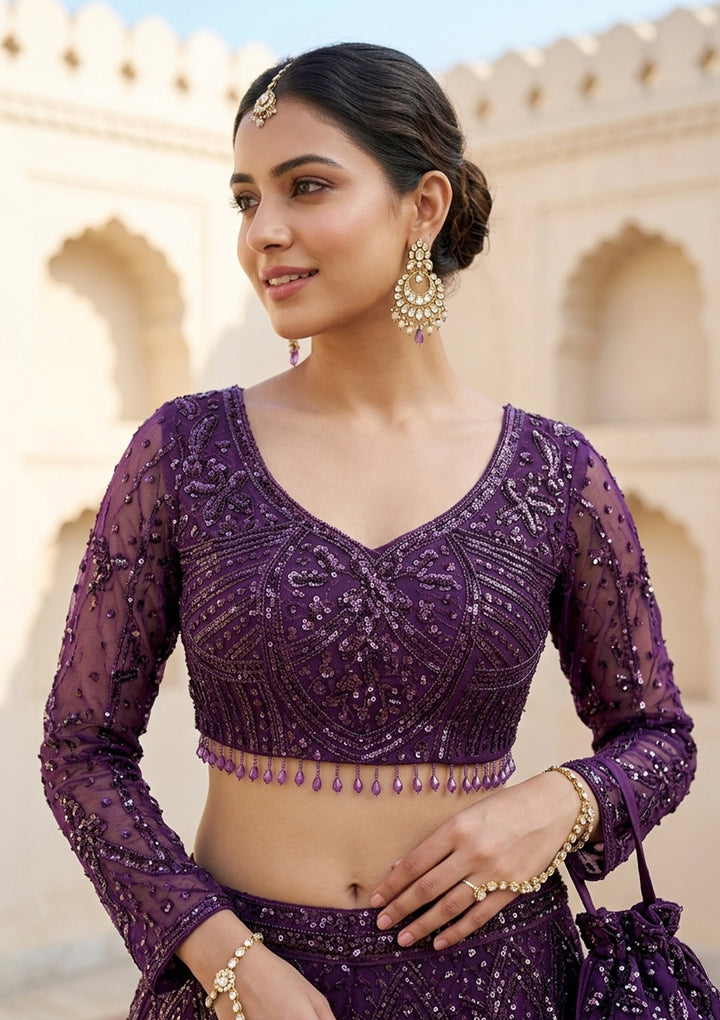 Sequins Purple Net Stitched Lehenga Blouse With Dupatta