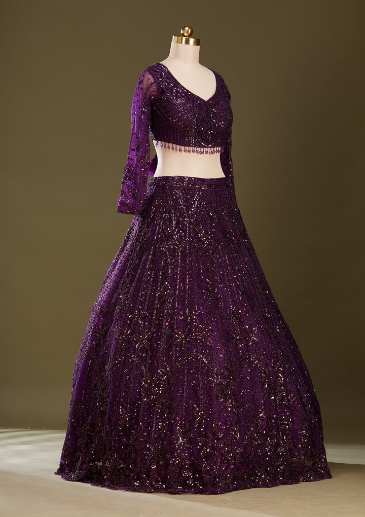 Purple Sequins Net Readymade Lehenga