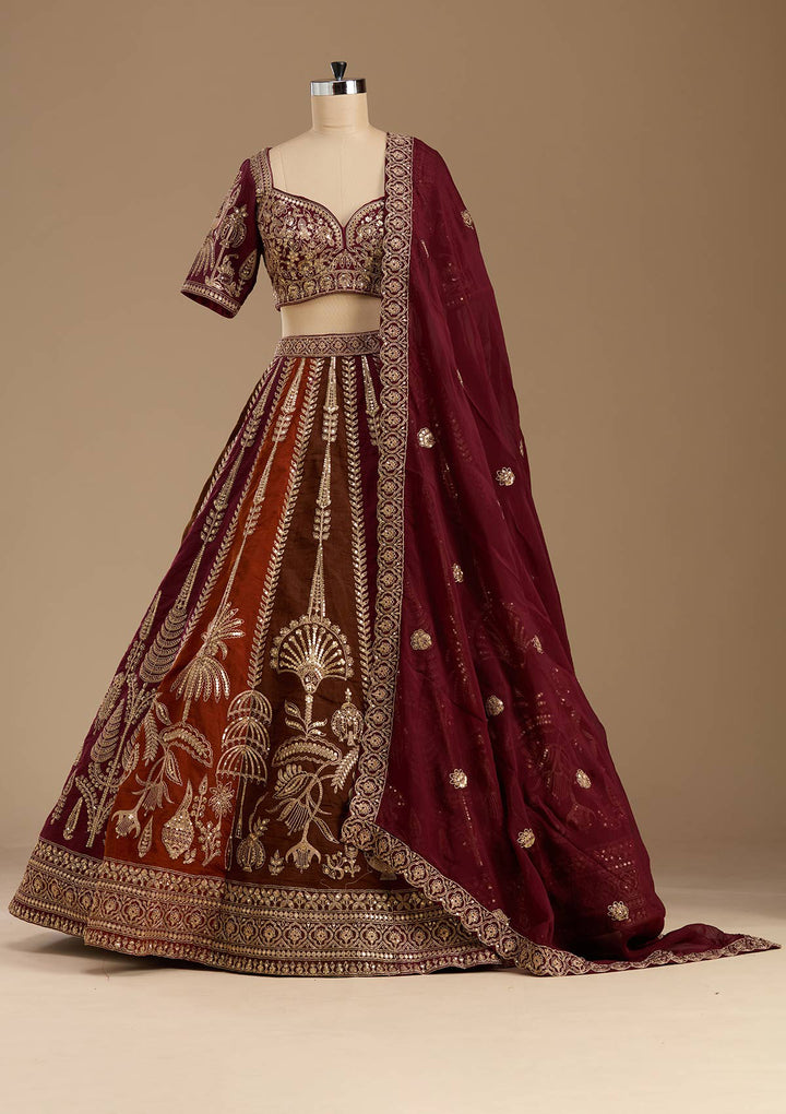 Maroon Cording Raw Silk Readymade Lehenga