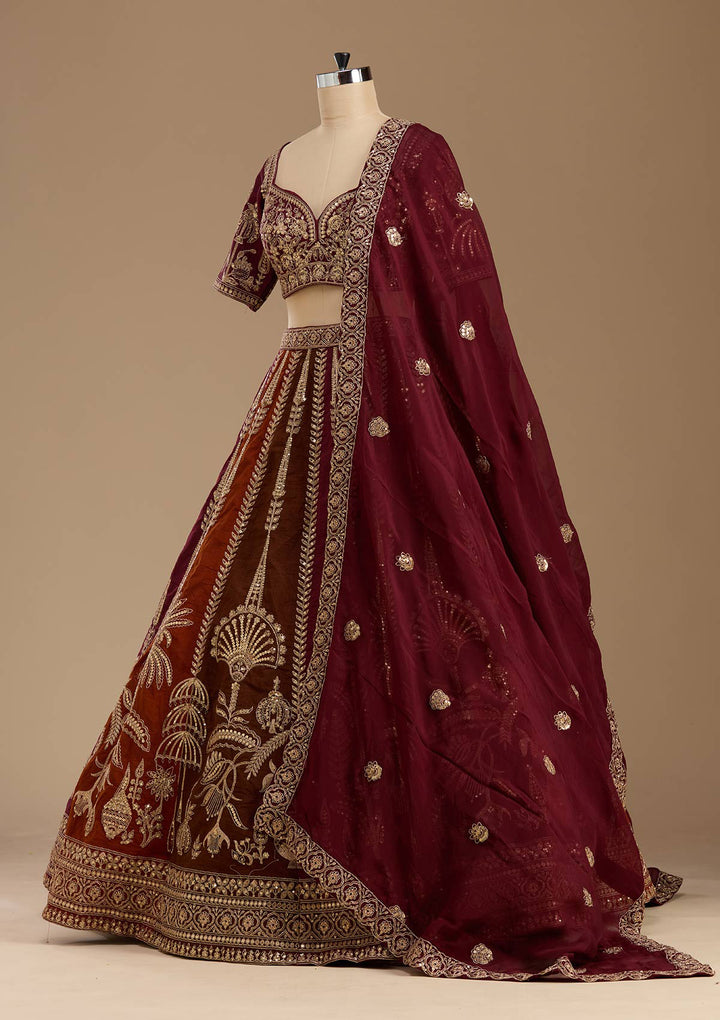 Maroon Cording Raw Silk Readymade Lehenga