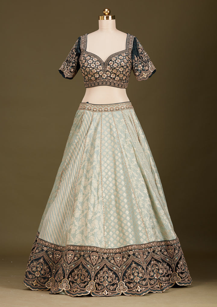 Teal Green Cording Brocade Readymade Lehenga