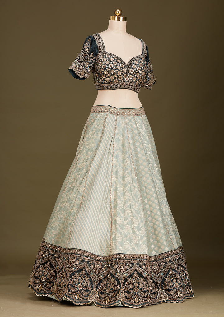 Teal Green Cording Brocade Readymade Lehenga