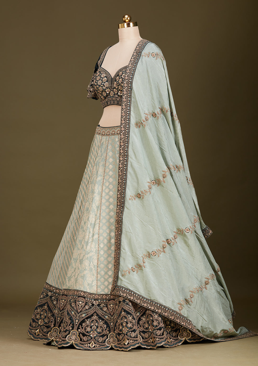 Teal Green Cording Brocade Readymade Lehenga