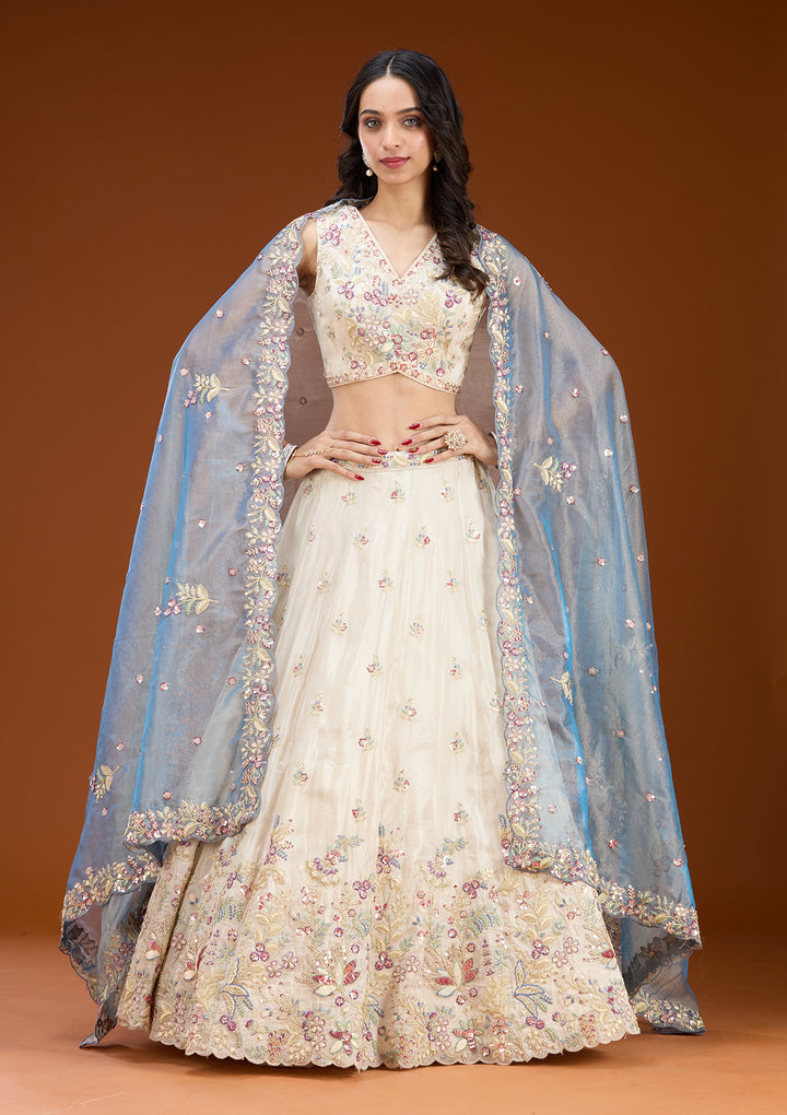 Cream Threadwork Tissue Readymade Lehenga
